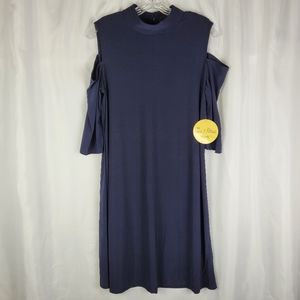 NEW Emma & Michele Navy Blue Mock Neck Cold Shoulder Midi Shift Dress Medium